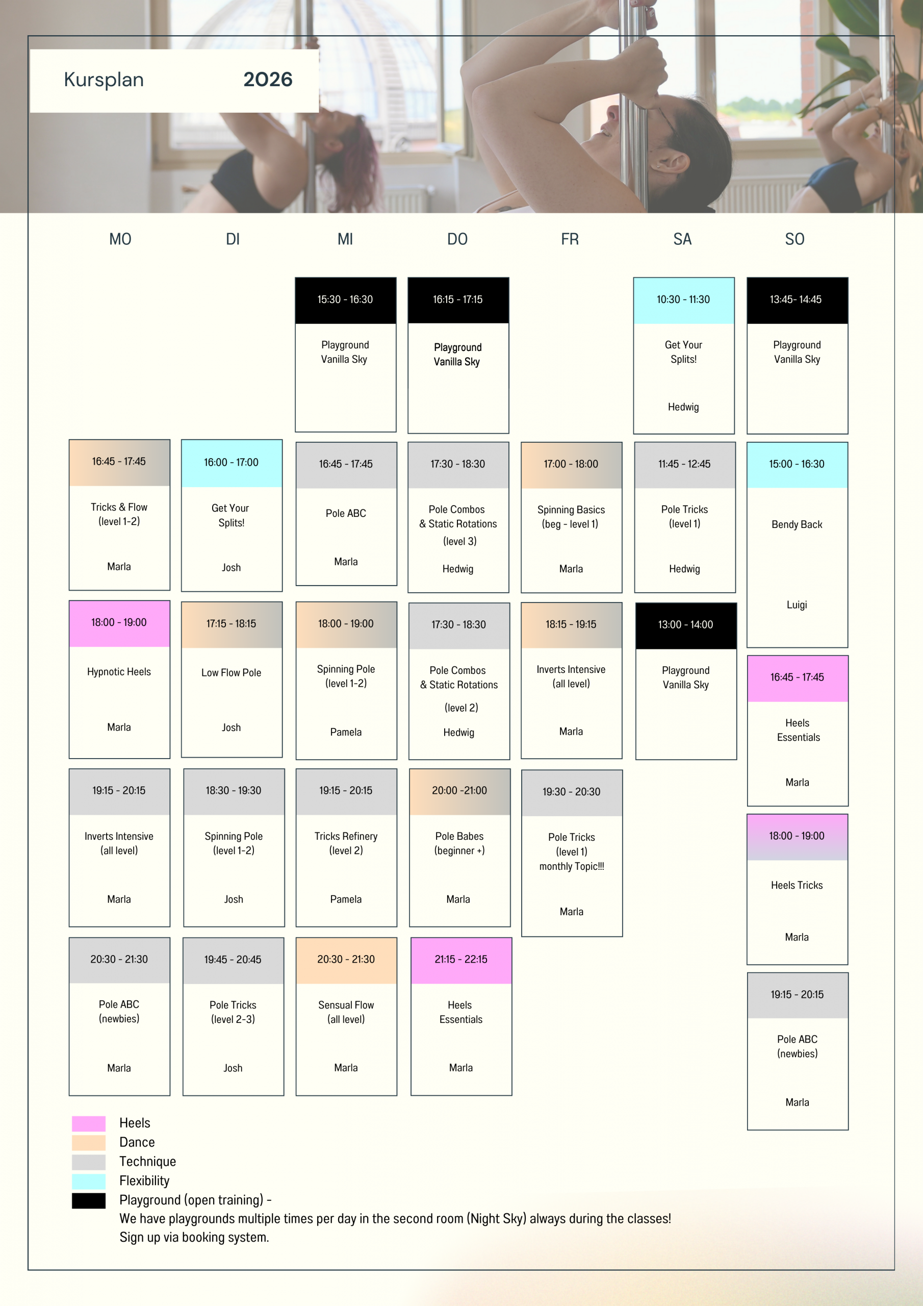 Der aktuelle Kursplan vom Pole Dance Studio Vanilla Sky in Berlin